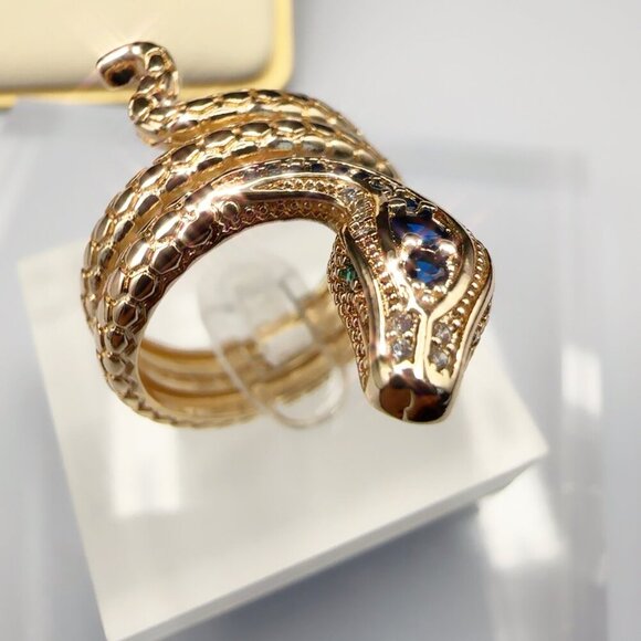 Gold Snake Ring With Blue & Clear Stones Serpent Design size 7 - Picture 4 of 8